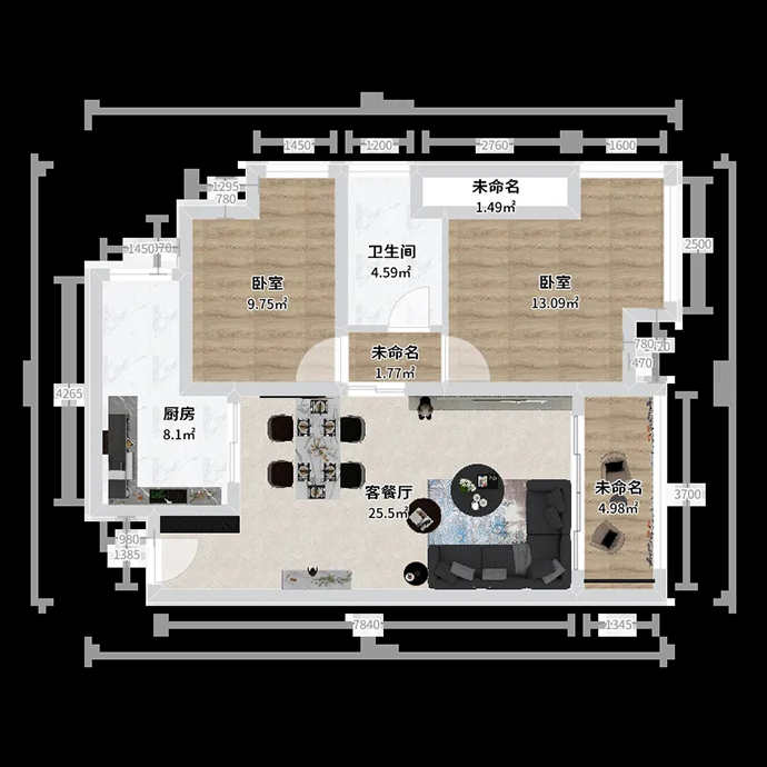成都朗诗观山樾D2户型83㎡套二单卫装修设计方案-平面户型图